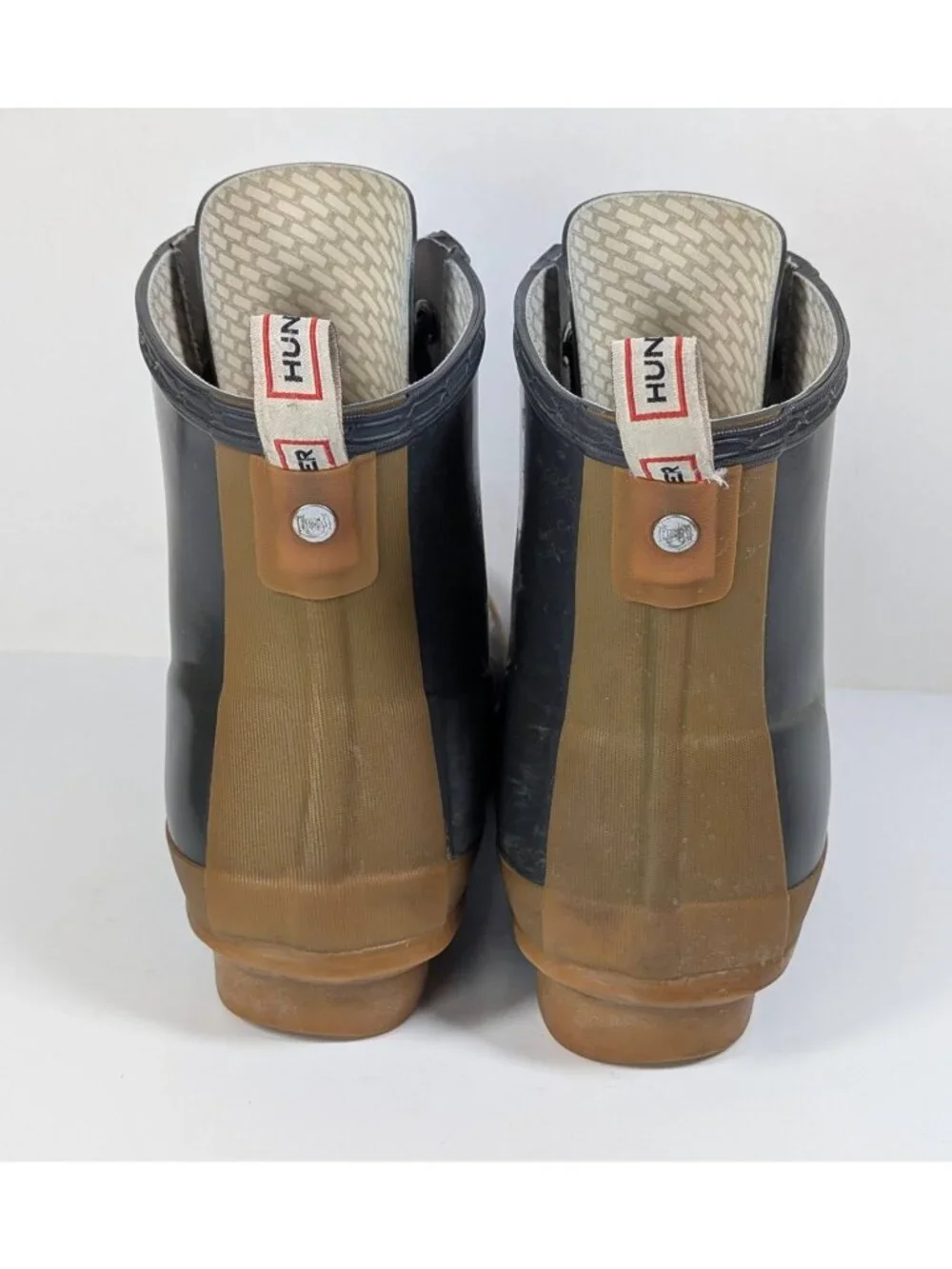 Hunter Brixen Thurloe Combat Rubber Lace Up Short Rain Boots Green Tan Women's 8